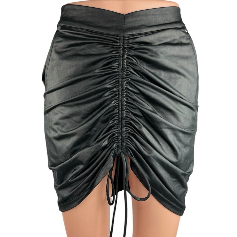 Maniere De Voir Black Faux Leather Ruched Drawstring Mini Pencil Skirt Size 8